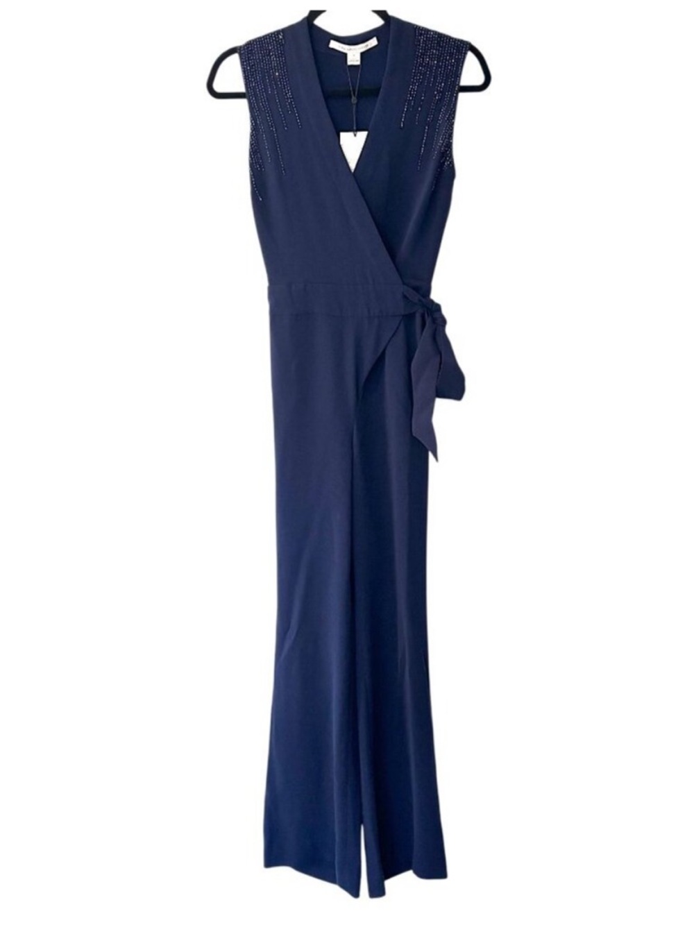 Diane Von Furstenberg Navy Sleeveless Wrap Jumpsuit with Tie Waist